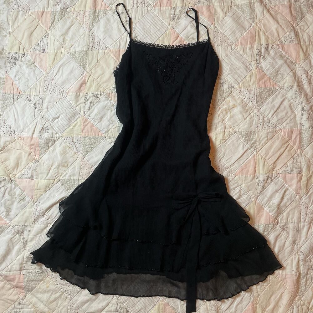 123 vintage y2k french 100% silk black dress beaded neckline size medium
